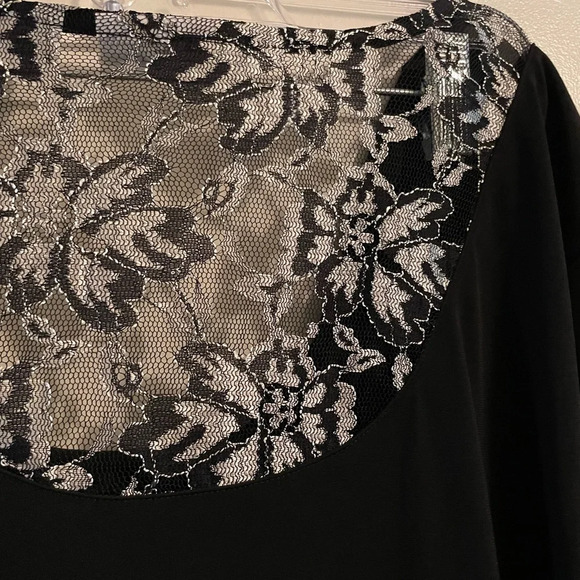 Susan Graver Black Pleated Cowl Neck Back Lace Panel Blouse Top 3/4 Sleeve Large - Picture 9 of 10